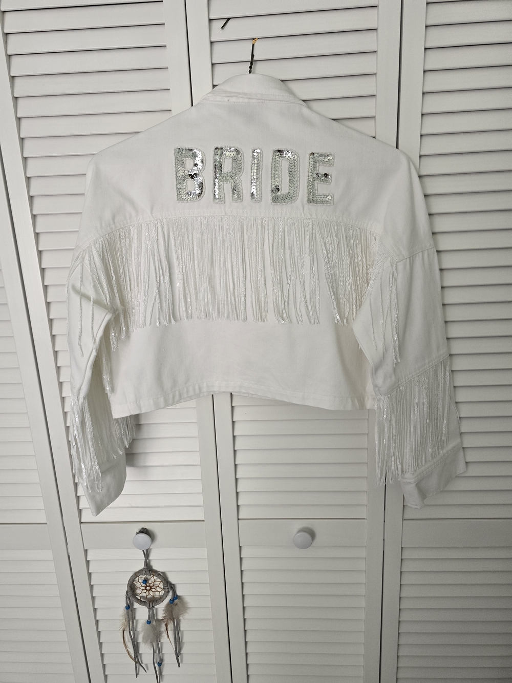 White Sequin 'BRIDE' Fringe Cropped Jean Jacket